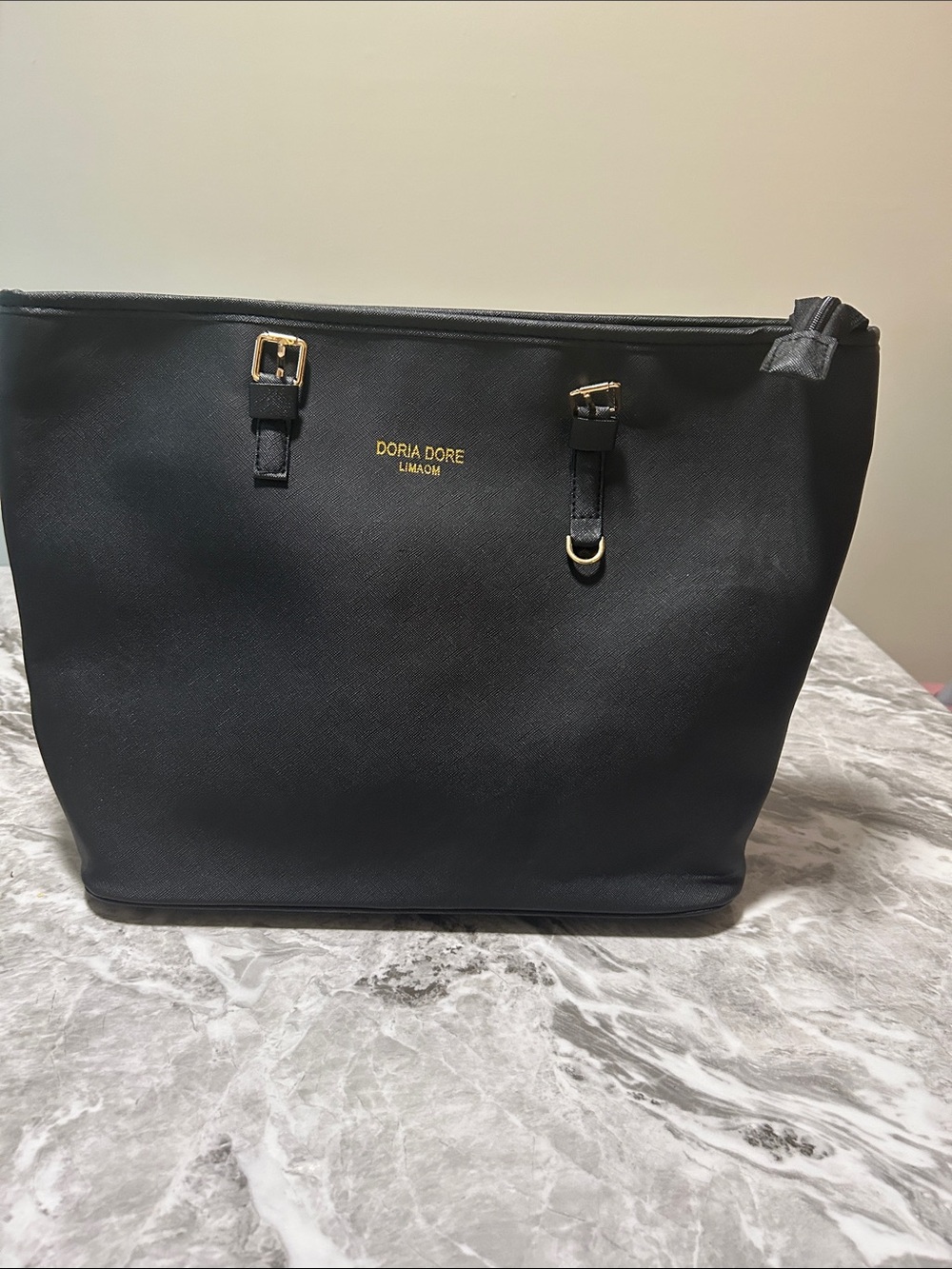 Black Leather Tote with Gold Hardware